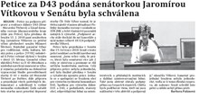Petice D43 podána senátorkou Jaromírou Vítkovou schválena v Senátu